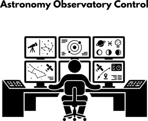 Astronomer monitoring space data satellite orbit and constellations in astronomy observatory control room flat vector illustration © pixsu