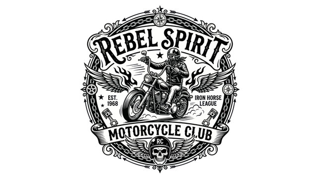 Rebel Spirit Motorcycle Club Emblem with Biker and Wings