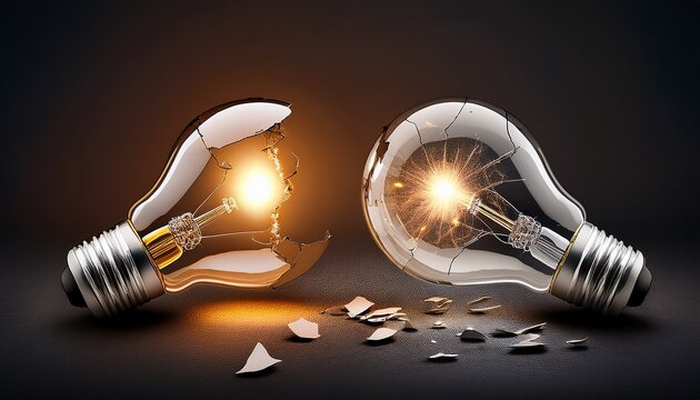 symbolic representation of success and failure using broken and glowing bulbs