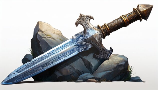 ancient sword embedded in stone symbolizing power destiny and mythical legends white background