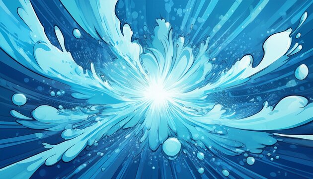 comic anime water explosion radiating from bright center dynamic liquid splashes creating circular burst pattern blue background with light azure droplets scattered among flowing stream effect
