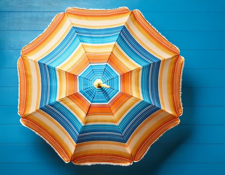 colorful beach umbrella top view for summer vacation and travel relaxation isolated blue striped above