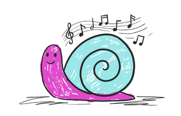 Cute cartoon snail character singing with musical notes in a whimsical hand drawn illustration © naydesignsco