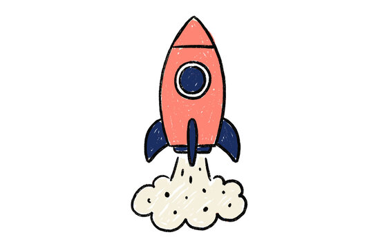 Hand drawn red rocket ship launching with smoke cloud isolated on a plain white background