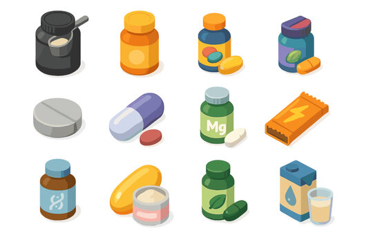Colorful assortment of vitamin and supplement containers with pills