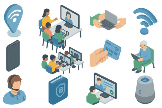 Diverse group using technology for video calls and online learning