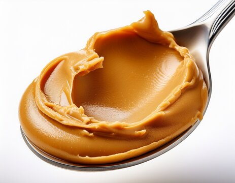 a macro close up of a silver spoon scooping a thick dollop of creamy smooth peanut butter featuring a gooey golden brown texture and roasted nut detail isolated on a white background