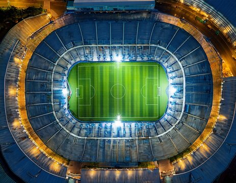 top view of empty football stadium with green field and bright lights at night