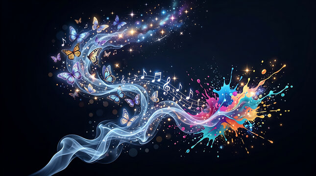 Smoke transforming into colorful butterflies musical notes and vibrant paint splashes on dark background