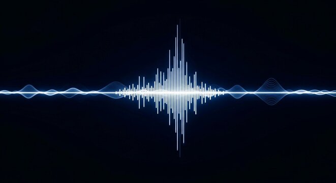 Abstract glowing blue audio waveform visualization with digital sound spectrum on dark background