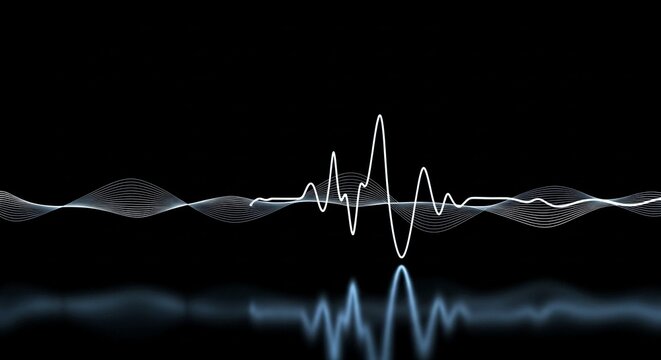 Abstract White Audio Waveform Signal Displayed Against a Dark Background with Reflection