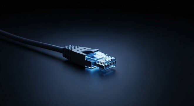 Close-up of a glowing blue network cable connector, representing digital connection and data transmission