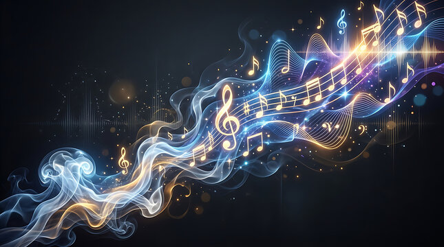 Smoke transforming into colorful music notes flowing on dark background with light effects