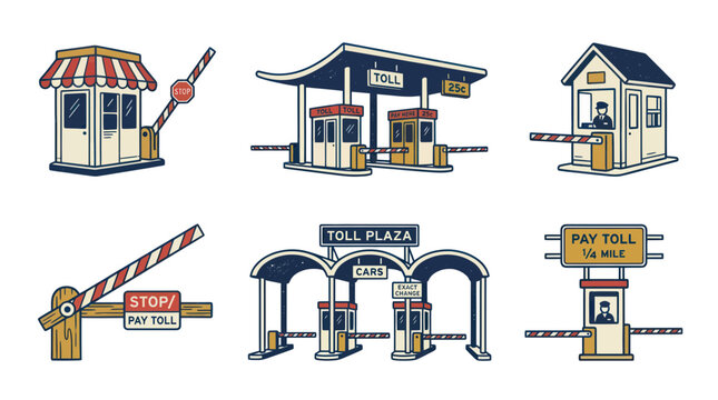 Collection of Cartoon Toll Booths and Barriers with Crossing Signs