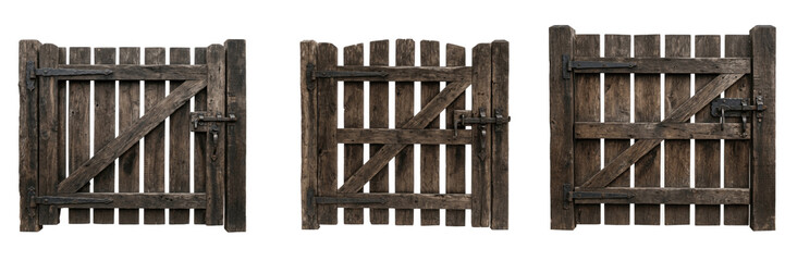 Obraz premium Set of a rustic brown wooden gate with horizontal planks and metal hinges, ideal for farm, garden, or countryside landscape designs, isolated on a transparent background.