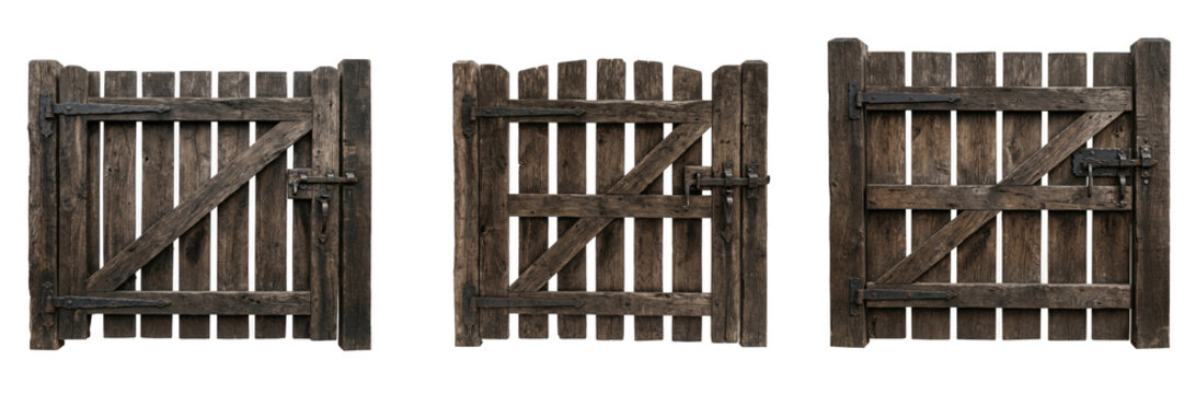 Set of a rustic brown wooden gate with horizontal planks and metal hinges, ideal for farm, garden, or countryside landscape designs, isolated on a transparent background.