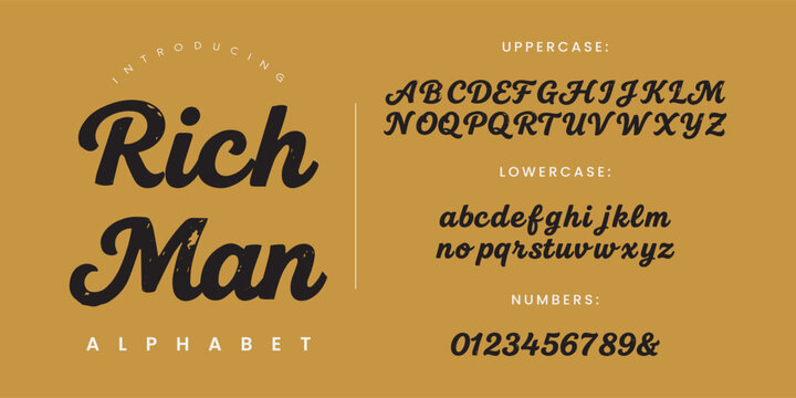 Rich Man bold script decorative alphabet font set with creative luxury letter style