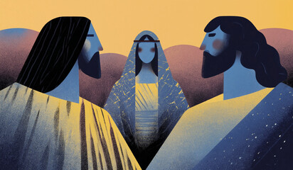 Fototapeta premium Veiled biblical woman among men in expressive religious portrait scene