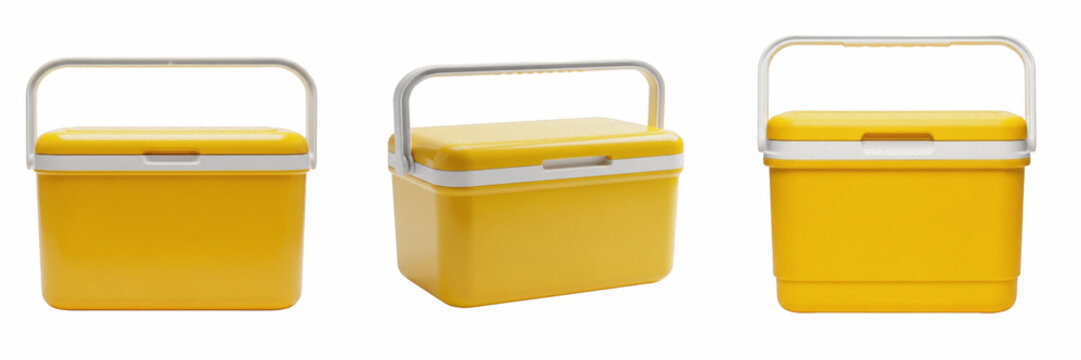 Set of a bright yellow portable cooler box with a white handle and lid, essential for summer picnics, camping trips, and outdoor activities, isolated on a transparent base.