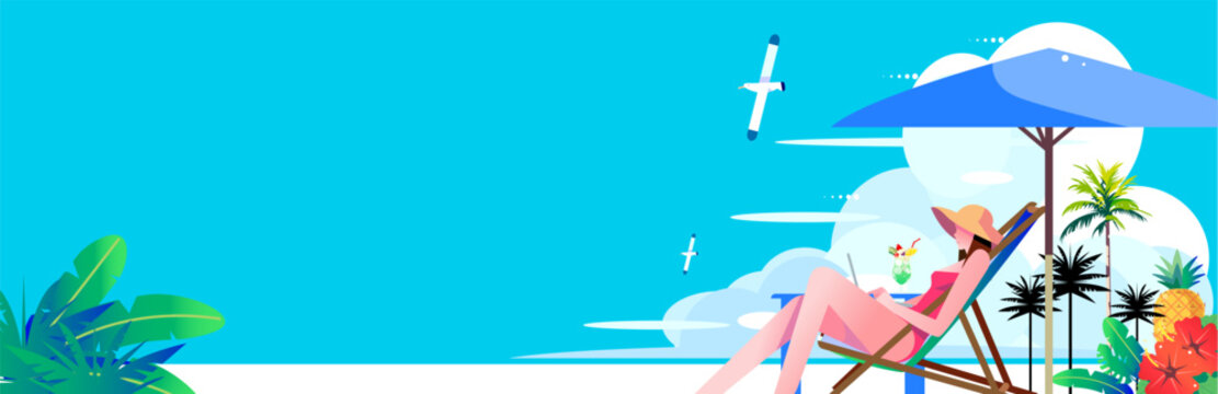 Summer resort background illustration of a woman relaxing on a beach deck chair and remote working on a laptop