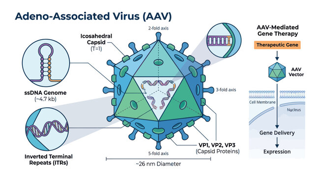 Adeno-Associated Virus (AAV) Structure and Gene Therapy Illustration