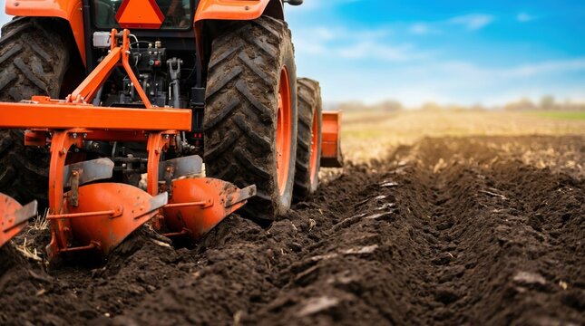 A tractor works on a field by plowing the soil in a rural area. The sun shines in the background as the ground is prepared for planting crops