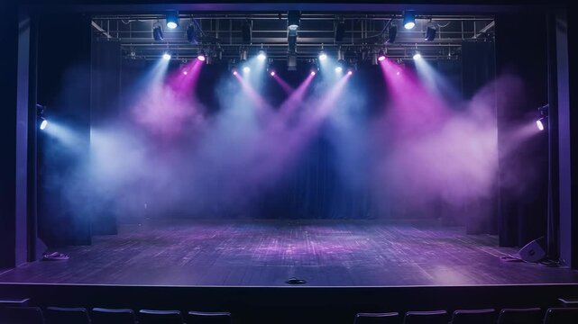 Empty theater stage with vibrant purple and blue spotlights and fog effects
