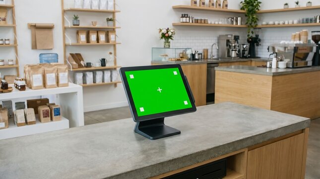 Professional look at a modern retail checkout or restaurant point of sale POS touchscreen monitor cash register station displaying an active green screen layout on a clean countertop desk