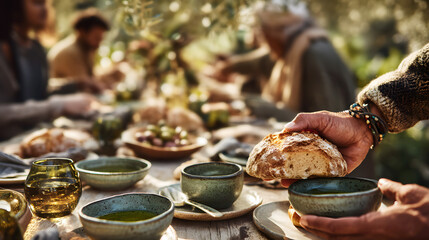 Fototapeta premium Hand reaching for bread at outdoor table with olive oil, bowls, and shared meal in nature