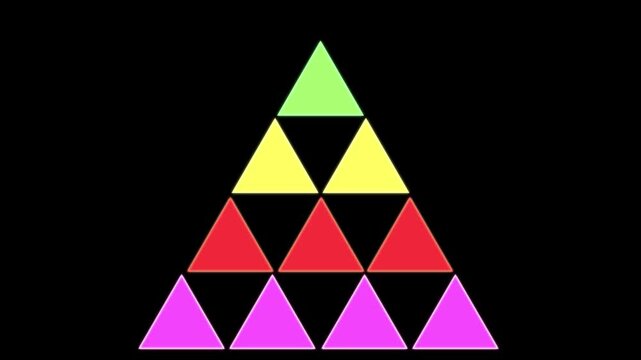 Animated glowing colored triangles stacking into a large pyramid shape on a black background. Ideal for infographics and abstract concepts.