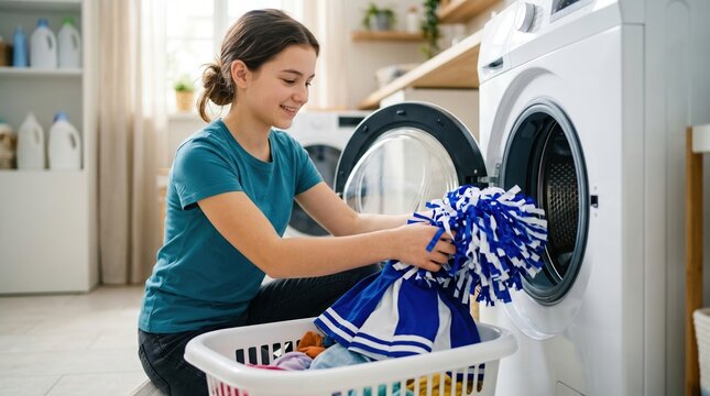 A girl places colorful clothes and a cheerleading outfit into a washing machine. She smiles while handling the laundry in a well-lit room. The space is tidy with laundry supplies nearby