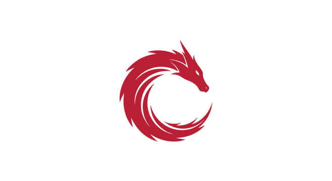 Red dragon logo symbol with swirling brush strokes on white background, mythical creature design element