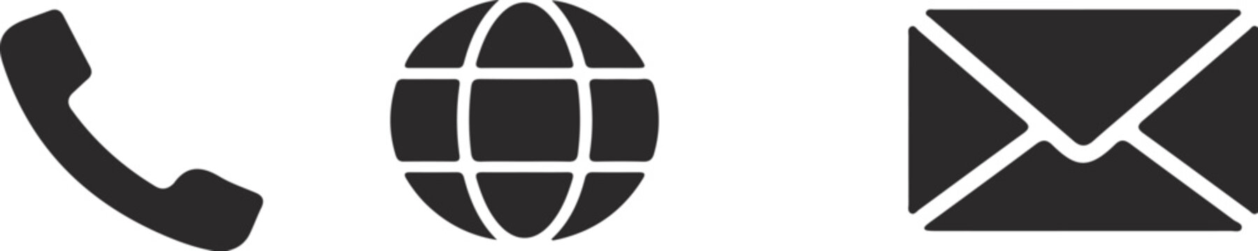 Black icons of phone, globe and envelope