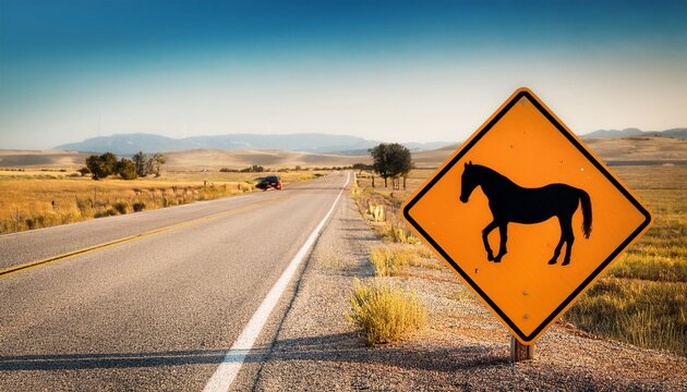 caution horses on road warning sign rural highway safety and travel advisory