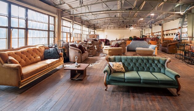 a large warehouse furniture store filled with rows of secondhand and vintage sofas couches and coffee tables on display