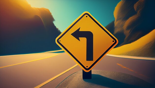 warning caution ahead yellow left turn road sign for traffic safety and driver awareness