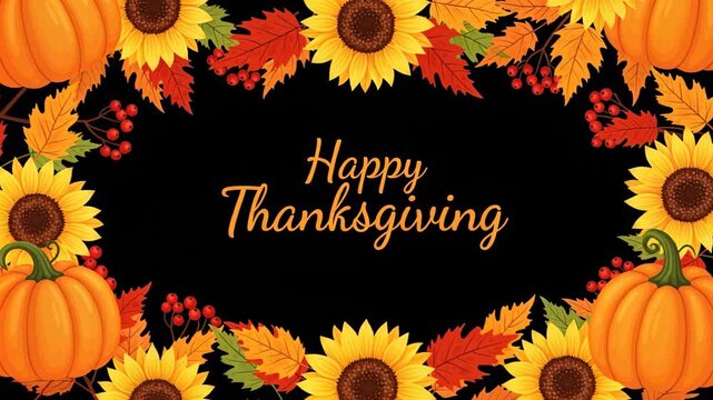 Happy Thanksgiving Frame: A festive frame of sunflowers, pumpkins, and autumn leaves surrounds the text Happy Thanksgiving on a black background, evoking a warm and bountiful harvest celebration.