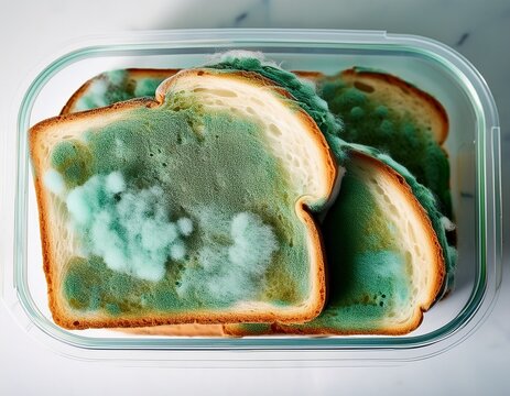 slices of bread heavily covered in green and white fuzzy mold sitting inside a clear plastic container