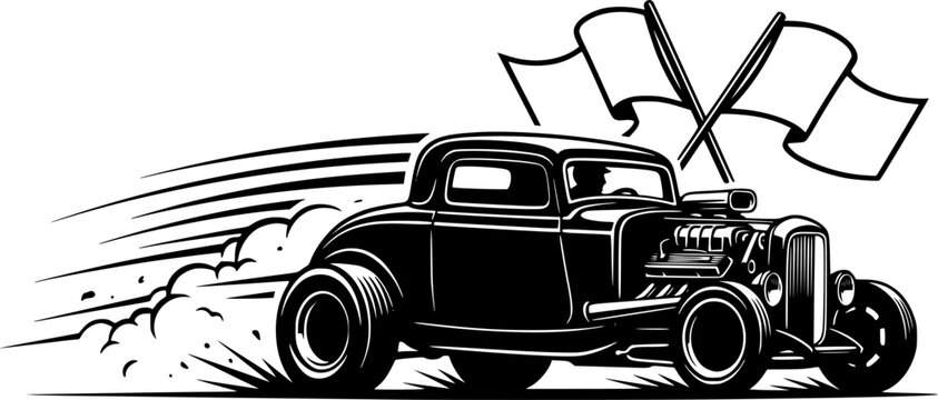 Classic hot rod car silhouette illustration with racing flags and speed lines isolated on white background
