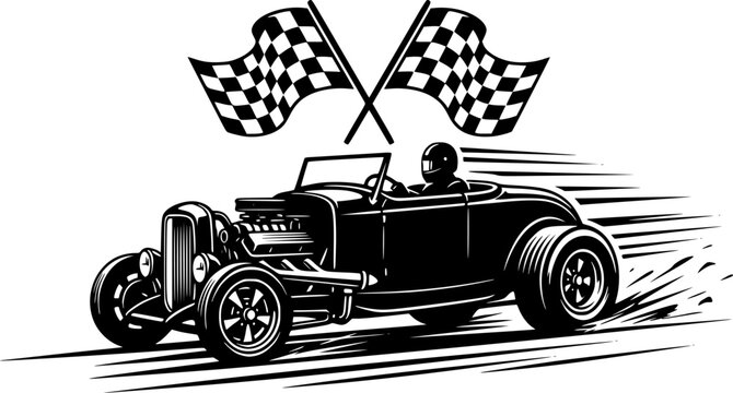 Classic hot rod car silhouette illustration with racing flags and speed lines isolated on white background
