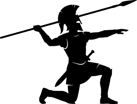 Ancient warrior kneeling silhouette with spear throwing action black and white illustration isolated on white background
