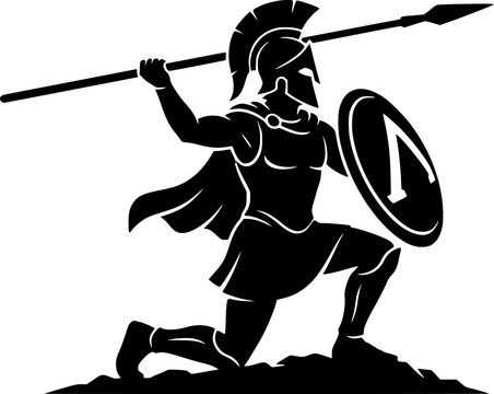 Ancient warrior kneeling silhouette with spear throwing action black and white illustration isolated on white background
