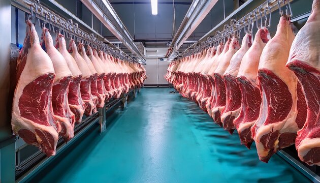 a long row of large raw beef halves hanging from metal hooks in a clean industrial slaughterhouse or meat processing facility