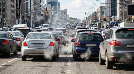 Obraz premium Cars are stuck in heavy traffic during the day in a city. The road is filled with vehicles emitting exhaust. Tall buildings are in the background under a clear sky