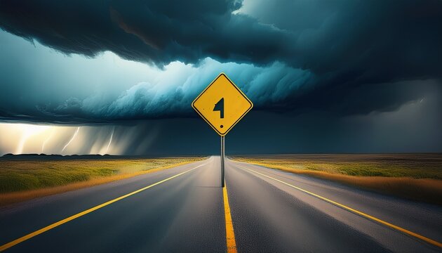 road safety warning caution slow down sign under dramatic storm clouds traffic alert