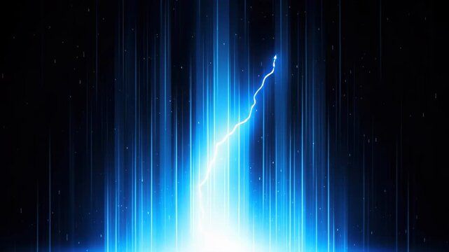 Electric Bolt Emergence: A powerful electric bolt cracks through a cascade of radiant blue light beams against a dark background, signifying energy and technological advancement.