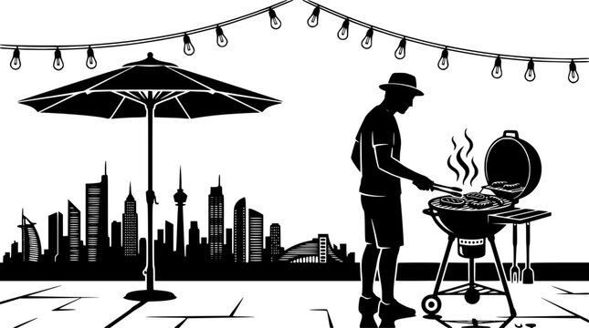 Modern black silhouette man grilling outdoors with cityscape background under string lights and umbrella isolated on white background
