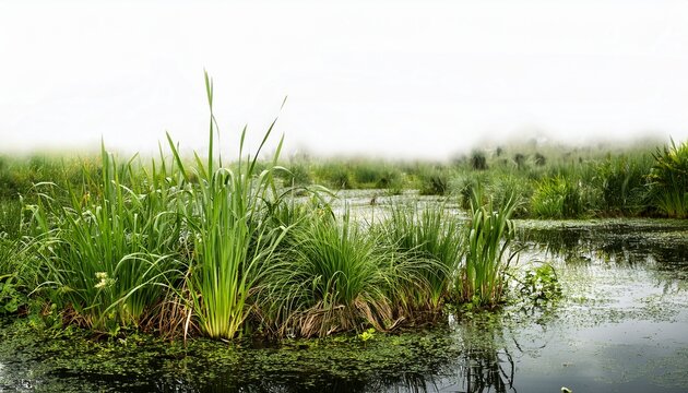 lush vegetation growing in swampy wetlands with white background