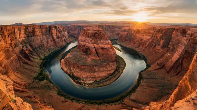 Panoramic view of Horseshoe Bend with Colorado River curving around red rock cliffs
