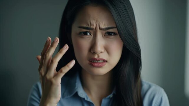 Confused Expression: A young woman displays a look of confusion and frustration, her brow furrowed and hand raised in a gesture of bewilderment.